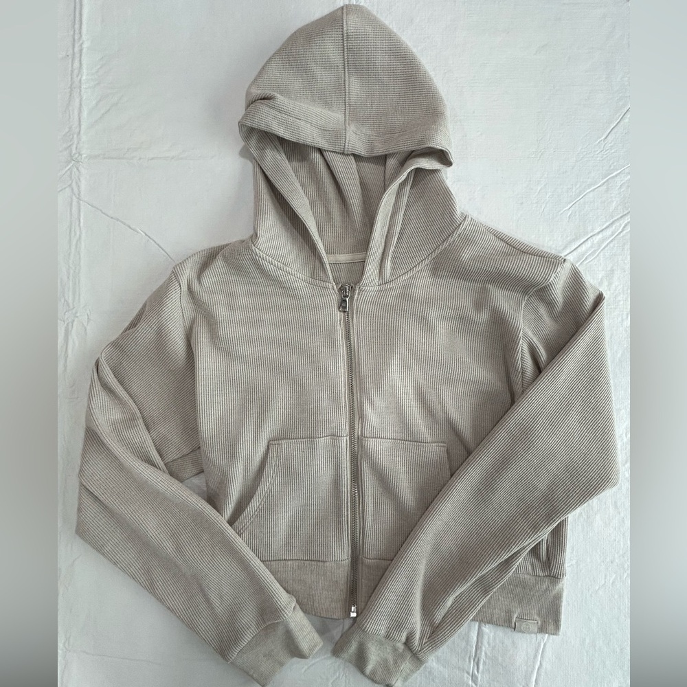 Hollister Beige Waffle Cropped Zip-Up Hoodie